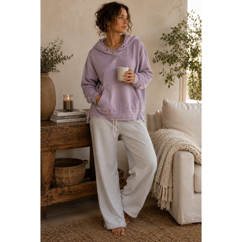 We The Free Free People Lavender Crossover Neck Raw Edge Hoodie Small Lavender